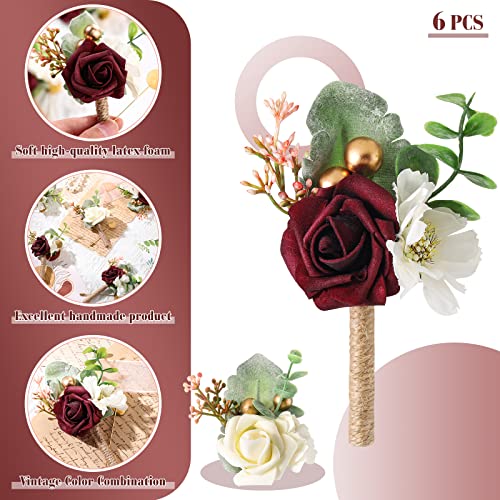 Canlierr 6 Pcs Rose Boutonniere for Men with Pins Wedding Groom and Groomsmen Corsage Artificial Flowers for Vintage Wedding Anniversary Dinner Party Prom Suit Decorations (Wine Red,Creamy White) - color: Wine Red, Creamy White