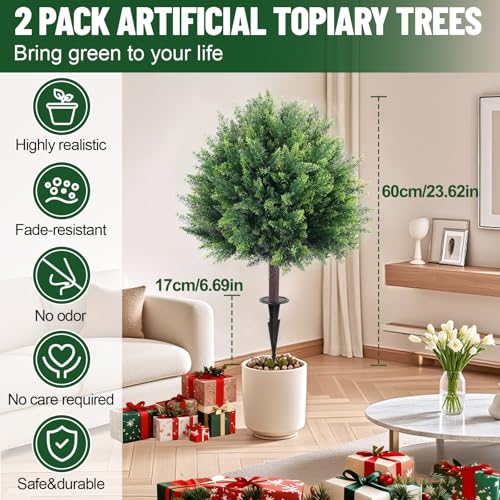 Artificial Cedar Christmas Topiary Ball Trees with Ground Spike, 2 Pack UV Resistant Artificial Shrubs Bushes, Fake Plants for Outdoor Front Porch Garden Decor - color: 2 Pack 23" Cedar