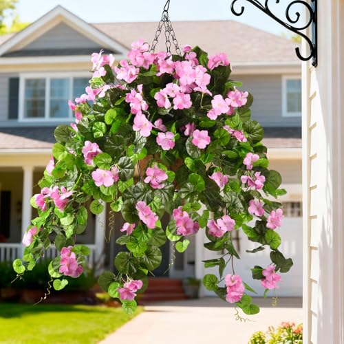 INQCMY Artificial Hanging Flowers Fake Plants for Outdoor Spring Decoration, 2Pcs Realistic Faux Flowers Silk Begonia UV Resistant No Fade for Home Garden Porch Patio Yard Basket(Pink) - color: Pink