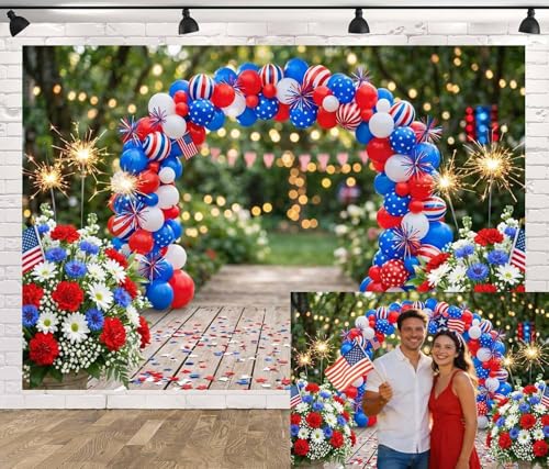 4th of July Independence Day Backdrop, Patriotic Red White and Blue Balloon Arch Flowers Photography Background, Memorial Day Party Photo Veterans Day Patriot Decorative Banner Booth Studio 5X3FT - color: Blue and Red, size: 5X3FT