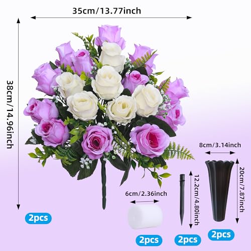 Lodou Set of 2 Artificial Cemetery Flowers, Memorial Flowers Bouquet,Grave Memorial Flowers with Vase for Cemetery Headstones Decoration (Purple White) - color: Purple White