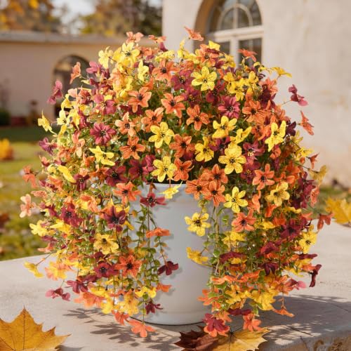 Homsunny Artificial Fake Mums Fall Flowers for Outdoor Decoration | 2 pcs artificial mums,16 branches tips per bunch,realistic and UV-resistant for outdoor use for front,porch,patio balcony - color: Orange Yellow Brown