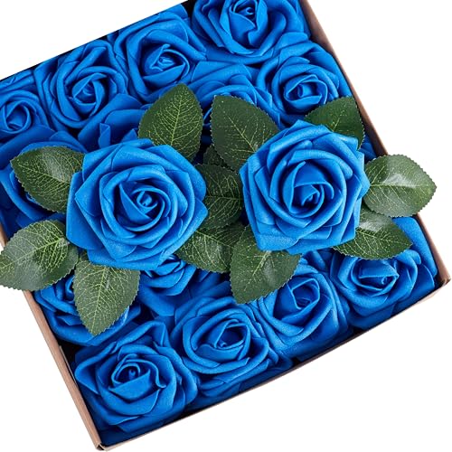 16 Pcs Blue Roses Artificial Flowers | Foam Roses with Stems, Blue Fake Flowers for DIY Wedding Bouquets, Centerpieces, Home Decor - color: Royal Blue