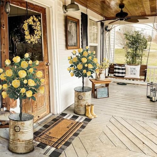 HUAESIN 4FT Artificial Outdoor Trees Rose Tree with 52 Blooming Artificial Flower Yellow Floral Tree for Home Decor Indoor Farmhouse Front Porch Yard Living Room Set of 2