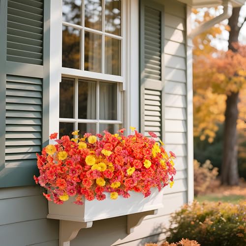 INXUGAO Fake Fall Flowers Artificial for Decoration, 12 Bundles Faux Plants Silk Orange Flowers Morning Glory Petunias Realistic UV Resistant for Outdoors Planter Porch Patio Window Box, Orange Yellow - color: Orange Yellow Red