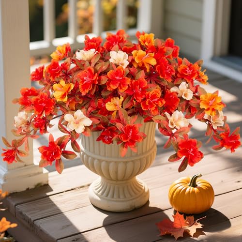 Fall Flowers Artificial for Decoration, Fake Silk Rhododendron Flowers for Outdoors, 2 Bundles Faux Azalea Outside UV Resistant No Fade Floral for Home Garden Balcony Walkway Wedding Party Decor - color: Y-orange Yellow White