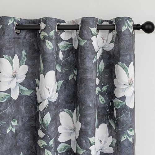 MYSKY HOME 95% Floral Blackout Curtains 63 Inch Long 2 Panels Set for Bedroom - White Flower Printed Thermal Insulated Light Blocking Black Out Grommet Window Treatments, 52" W Each Panel, Deep Grey - color: Deep Grey, size: 52"W x 63"L (Pack of 2)