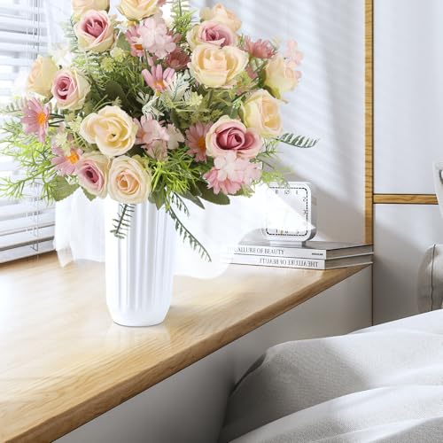 Artificial Flowers Fake Rose Bouquet 3 Pack Artificial Flowers Bouquet Plastic Flower Arrangements Wedding Decoration Table Centerpieces(Purple) - color: Purple