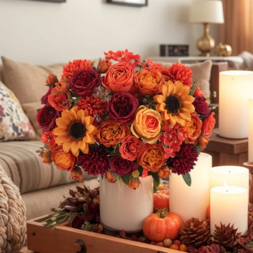 8 Pcs Mixed Autumn Artificial Peony Flower Set-4 Bouquets & 4 Stems, Burnt Orange Wine Red Fake Peony Sunflower Silk Flower for Fall Table Centerpiece Farm Wedding Thanksgiving Halloween Home Decor - color: Burnt Orange & Burgundy, size: Mixed 8pcs