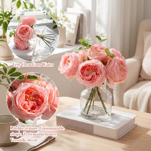 Norme Real to Touch Penoies Artificial Flowers, 6 Pcs Faux Austin Rose in Vase with Big Bloom and Fake Water Real Latex Petals for Wedding Dining Table Centerpiece Home Decor(Pink) - color: Pink