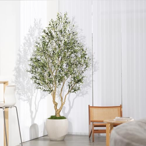 FEELEAD Faux Olive Tree 8ft, Tall Olive Trees Artificial Indoor with Natural Looking Trunk and Lifelike Fruits, Large Fake Olive Tree for Modern Home Office Decor - size: 8ft