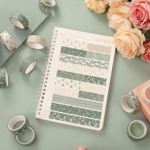 12 Rolls Watercolor Floral Washi Tape Set 15 mm Vintage Flower Decorative Masking Tape for Summer School Arts DIY Craft Scrapbook Journal Supplies Gifts(Sage Green,Leaves) - color: Sage Green, style: Leaves