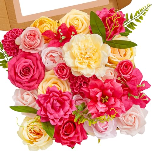Serwalin Artificial Hot Pink & Yellow Flowers, Magenta Silk Fake Flowers, Faux Flowers for DIY Wedding Bouquets Cake Decoration Baby Shower Centerpieces Floral Arrangements Party Decor - color: A Hot Pink & Yellow, size: 1 Box