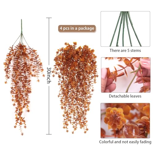 SJL Artificial Hanging Mums Flowers Outdoor, Fake Hanging Fall Flowers UV Resistant Faux Mums Plants Artificial Greenery Vines for Home Garden Porch Wedding Party Decor 4Pcs (Brown) - color: Brown