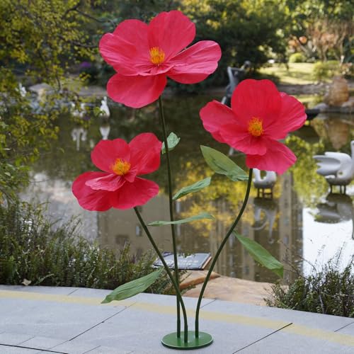 Large Paper Artificial Flowers,Giant Flowers for Decoration,Huge Handcrafted Poppy Fake Flowers with Stand for Home Decor Bridal Shower Party Outdoors Yard Event Backdrop Decor (red) - color: Red