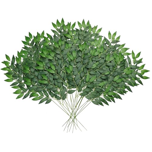 Betylifoy 12Pcs Artificial Italian Ruscus Greenery Stems, 25" Faux Silk Green Leaves Vines Garland Branches Hanging Greenery Spray for Wedding Arch Bouquet Filler Table Centerpieces Home Decor
