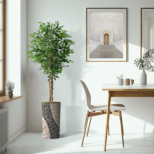 Artificial Tree in Geometric Pattern Planter, Fake Ficus Silk Tree for Indoor and Outdoor Home Decoration - 75" Overall Tall (Plant Pot Plus Tree) - style: Ficus Tree