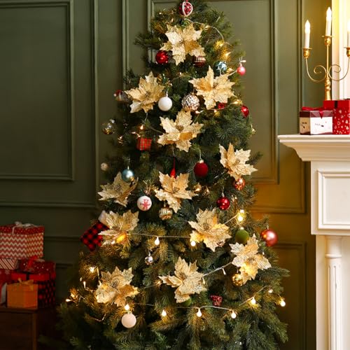 Deekin 12 Pcs 8.5 Inch Poinsettia Artificial Christmas Large Flower with Clips and 4.72 Inch Floral Picks Christmas Tree Decoration Fake Poinsettias Ornaments DIY Xmas Wreath Party Decor(Gold)