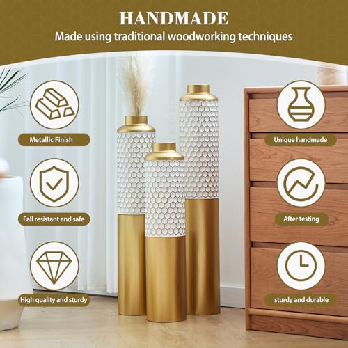 Floor Vases, Tall Home Decor Metal Vase Set of 3 Large Glazed Decorative Vases for Wedding Decor, Elegant Modern Flower Holder for Living Room, Entryway, Hallway - color: Honeycomb White Gold