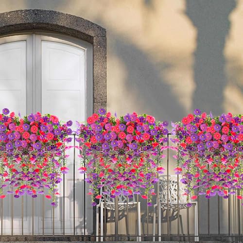 4PCS Artificial Morning Glory Vines Summer Hanging Flowers for Outdoor with Eucalyptus Leaf, Silk Flowers for Outside Home Garden Patio Decor - color: Green,fuchsia,rose Red,purple