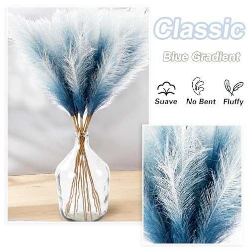 12 Pcs Blue Gradient Faux Pampas Grass Decor 38"/3.1FT Tall Fake Pompas Floral Large Artificial Pompous Grass Branches Plants for Floor Vase Filler Home Boho Decoration - color: Navy Blue Gradient