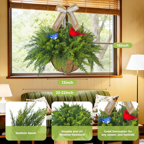 Artificial Hanging Plant Flower Baskets Set of 2, Faux Ferns with Birds and Linen Bows, Fake Planters Hanging with 24 Pcs Cypress Leaves, UV Resistant for Spring Summer Outdoor Porch Garden - color: Green