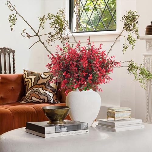 RECUTMS 8Pcs Ferns Artificial Plants Artificial Plants & Greenery Artificial Boxwood Plants Outdoor Uv Resistant Greenery for Outsid Faux Ferns for Outdoors Eucalyptus Stems for Vase(Red Eucalyptus) - color: Red Eucalyptus, size: 8 Pcs