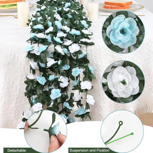 MARTINE MALL Flower Garland Rose Vines, 2 Strands 16.5Ft Flowers Vines for Bedroom, Rose Flower Garland Decoration, Blue and White Rose Floral Garland for Room Birthday Wedding Party Garden Wall Decor - color: Blue and White, size: 2 Packs