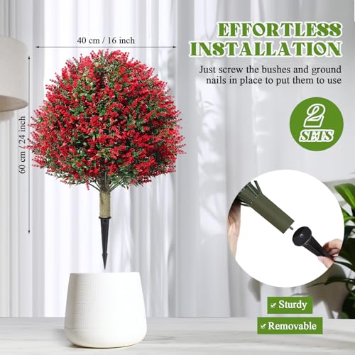 Lunmon 2 Pack 24" Artificial Topiary Ball Plants Trees with Flowers, Outdoor Fake Topiary Plants with Ground Spike, UV Resistant Faux Bushes for Indoor Outdoor Front Door Decor - color: Red, style: Lavender