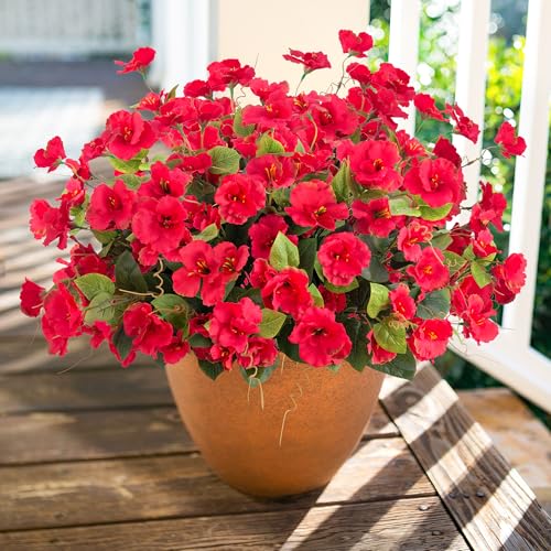 Hoppwodd Hibiscus Artificial Flowers for Outdoors Spring Decoration, 6 Bundles Faux Silk Flowers UV Resistant Look Real Artificial Tropical Flower Fake Plants for Outside Planter Porch Patio, Red - color: Red
