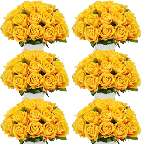 Jexine 50 Pcs Artificial Rose Flower Bulk Realistic Silk Fake Roses with Long Stem Plastic Artificial Flower Bouquet Real Looking for Home Wedding Centerpieces Party Decoration(Yellow) - color: Yellow