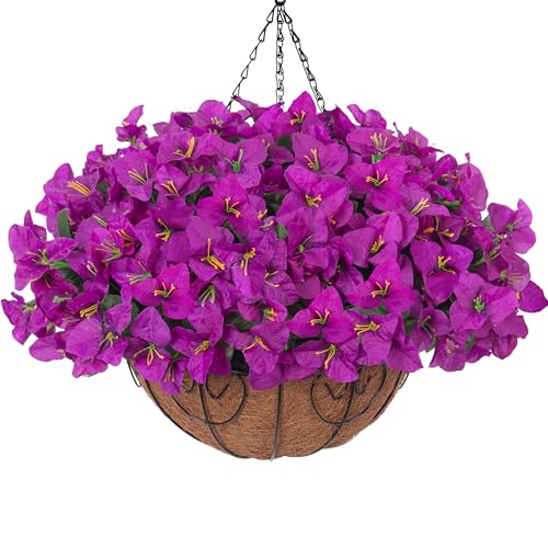 Artificial Fake Hanging Flowers Plants Basket for Outdoors Spring Summer Decor, Faux Silk Bougainvillea in Planter Look Real UV Resistant Faux Flower for Outside Porch Patio Garden Home Decor, Purple - color: Purple-new