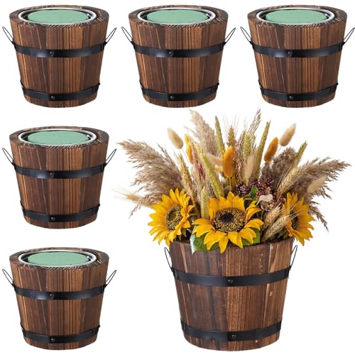 Remerry 6 Pcs Rustic Wood Barrel Planter Boxes with Removable Plastic Liners & Floral Foam Blocks, Farmhouse Decor for Wedding Table, Home, Garden, Kitchen & Party Centerpieces (Classic)