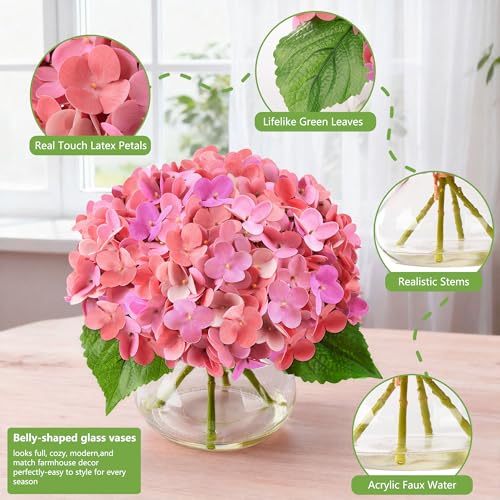 Real Touch Faux Hydrangea Flowers in Glass Vase, No Watering Needed Silk Hydrangea Artificial Flowers for Farmhouse Wedding Decor Dining Table Centerpiece Bedroom Decor - color: Fuchsia