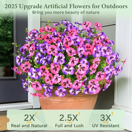 MARTINE MALL 12 Bundles Look Real Artificial Flowers for Outdoors, Realistic Fake Outdoor Flowers, UV Resistant Silk Pansy Flowers for Outside Faux Flowers Plants for Outdoor Porch Patio, Pink+Purple - color: Pink+purple, size: 12 Bundles