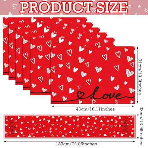 VitalCozy 7 Pcs Valentines Day Table Runner and Placemat Set 72 x 13 Inch Red Love Hearts Runner Anniversary Valentines Table Mat for Holiday Kitchen Dining Wedding Decoration - style: Valentine's Day