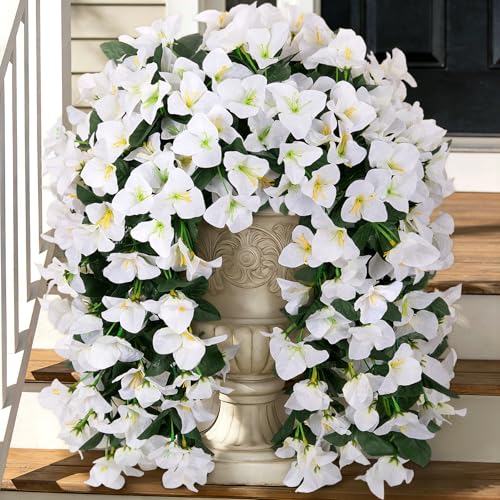 Fake Bougainvillea Artificial Flowers for Outdoors Decoration 2 pcs Faux Hanging Flowers Plants for Outdoor Planters UV Resistant Silk Bougainvillea Vines for Front Door Porch Urn Patio Garden - color: White