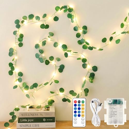 HEYFUNi Eucalyptus Vines with Lights & Remote, 13Ft 40 LED Fake Eucalyptus Garland Fairy Lights, USB & Battery Operated, 8 Modes Dimmable Timer for Bedroom Wall, Dorm Room, Wedding Decor, Warm White - color: Eucalyptus, size: 40 LED-USB & Battery