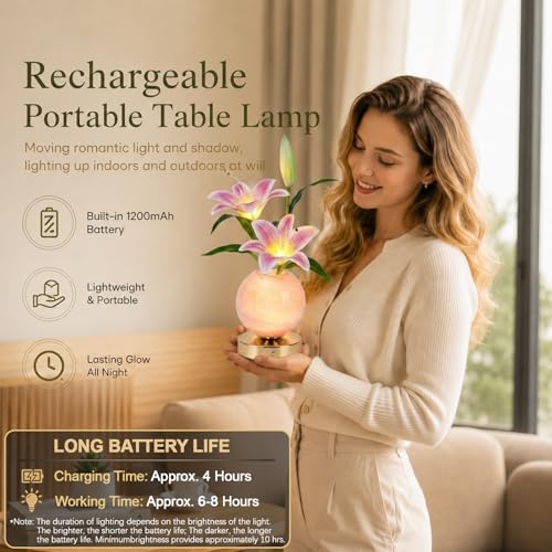 Lily Table Lamp, 3 Color Planet Night Light, Rechargeable Cordless Touch Dimming Artificial Flower Light, LED Flower Bedside Lamp Romantic Gifts for Girl Women Mom (Pink Lily) - color: Pink Lily