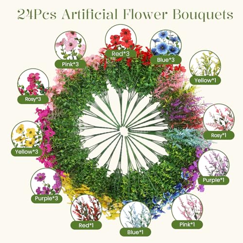 SHareconn 24 Bundles Artificial Flowers for Outdoors Decoration, Faux Plants Fake Silk Colorful Daisy Eucalyptus Lavender, UV Resistant for Outside Home indoor Spring Decor,RedRosyPurpleBlueYellowPink - color: Redrosypurpleblueyellowpink
