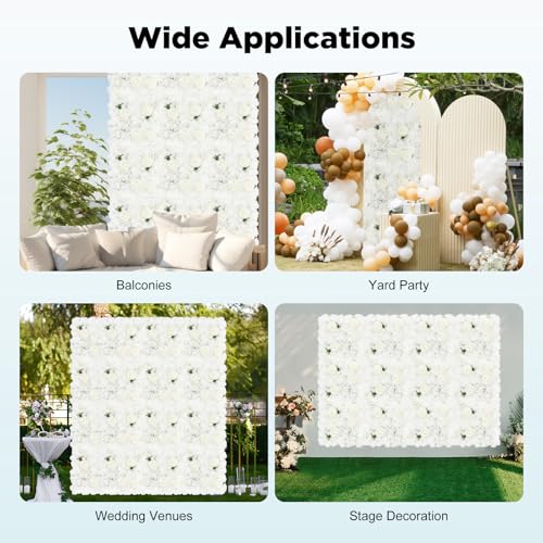 12 Pcs Artificial Flower Wall Panels Silk Dahlia Rose 3D Faux Flower Backdrop Panels Background Decorative for Wedding Celebrations Festive Party Home, 23.62 * 15.74in (White) - color: White