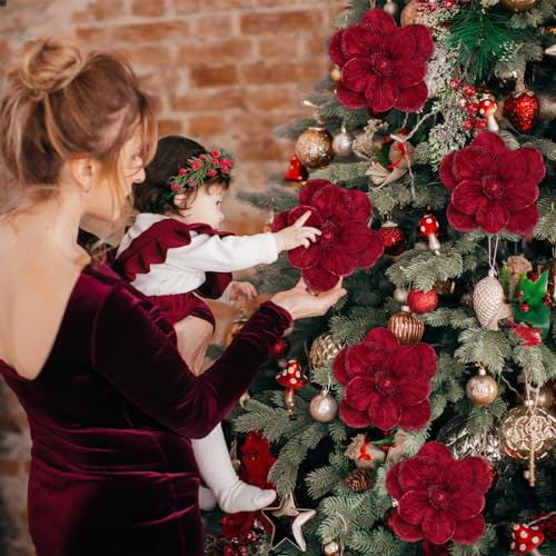 18 Pcs Large Velvet Christmas Poinsettia Magnolia Flowers Ornaments Glitter Big Heads Artificial Magnolia Flowers for Decoration Wedding Decor Supplies(Red) - color: Red