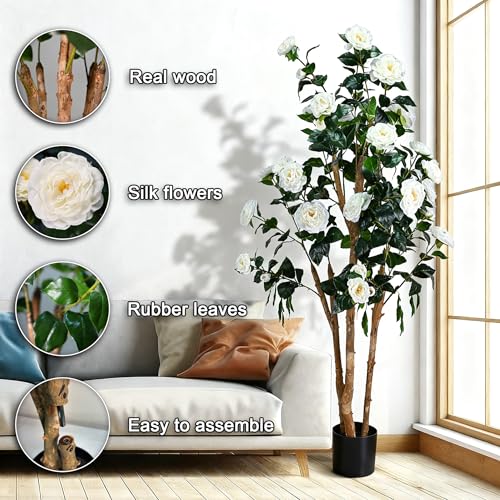 Lifelike Artificial Trees Camellia with Natural Wood Trunks, Evergreen Silk Faux Rose Trees with Silk Flowers, Home Decor Indoor for Living Room, Porch, Office（White，5FT*1） - color: White, size: 5ft