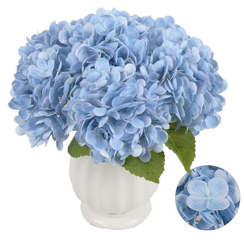 IPOPU 6PCS Real Touch Fake Hydrangea Artificial Flowers Blue Hydrangeas with Stems Latex Lifelike Faux Hydrangeas for Home Table Centerpieces Wedding Baby Shower Party Floral Arrangements (Blue) - color: Light Blue