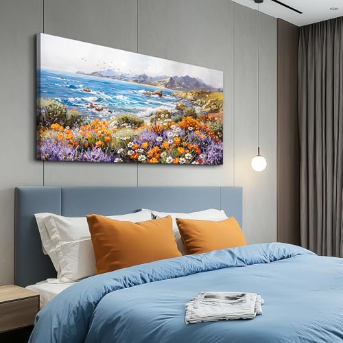 ZUITINGHUA Large Wall Decor For Living Room Canvas Wall Art For Office Modern Wall Decorations For Bedroom Seascape Landscape Painting Coastal Wildflower Pictures Artwork Room Home Decor 24x48 In - color: Coastal Wildflower Seascape, size: 48"L x 24"W