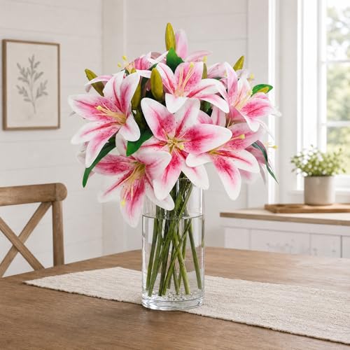 ATFL Artificial Lilies Flowers,9 Pcs Faux Lily Flowers,16''Tiger Lily Branches with 2 Full Blooms and 1 Bud,Faux Fake Lilies Plants for Wedding Bouquet Floral Arrangements (9, Light Pink) - color: Light Pink