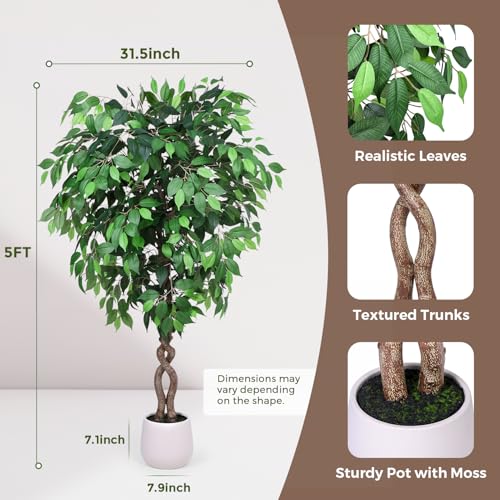 Jocoevol 5FT Artificial Ficus Tree, Tall Faux Trees Indoor with White Planter, Dried Moss, Natural Silk Leaves & Trunk, Fake Plants for Home Living Room Office Corner Decor Housewarming Gift - color: Green, size: 5ft