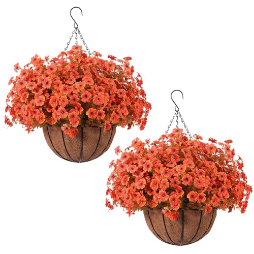 Hananona 24 Pcs Artficial Outdoor Flowers with Hanging Baskets, Orange Fall mums 2 Pack Hanging Planter with Outdoor Fall Flowers for Autumn Porch Garden and Home Patio Yard Decor (2, Orange) - color: Orange