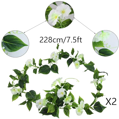 CISDUEO 2 Pcs Artificial Vines Silk Morning Glory Vines for Outdoor 15Feet Hanging Plants Garland White Fake Green Plant Morning Glories for Home Decor Wall Fence Stairway Wedding Hanging Baskets - color: White