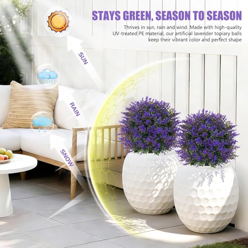 Yangrass Artificial Lavender Boxwood Topiary Ball Trees, 4 Pack Artificial Outdoor Shrubs with Spike, UV Resistant Fake Bushes Plants for Outside Indoors Garden Front Porch - color: Lavender Ball 4pcs